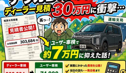 😱 ディーラーの車検見積を見て思わず二度見した話、聞いてもらえますか？今回は三菱ディーラーへの点検をきっかけにユーザー車検へ切り替えた体験談を、費用の実額・見積書・当日の流れとあわせてまるっとレポートします！